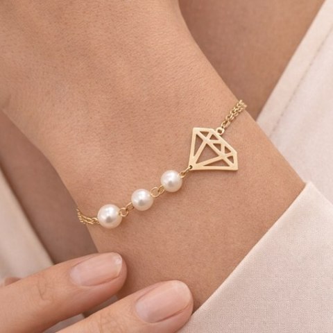 Złota bransoletka podwójny łańcuszek diament perełki 14k złoto 585 LAPRII