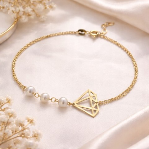 Złota bransoletka podwójny łańcuszek diament perełki 14k złoto 585 LAPRII