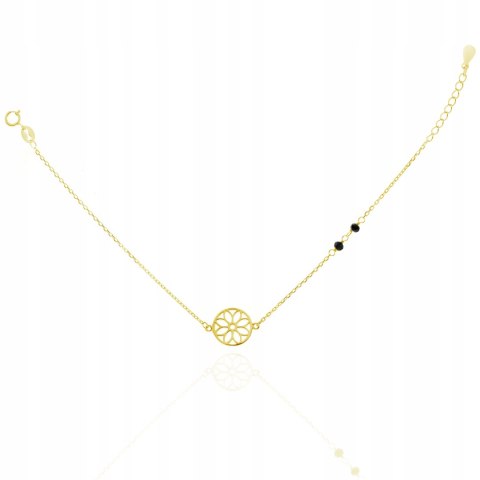 Złota bransoletka czarne koraliki kwiat boho srebro 925 LAPRII